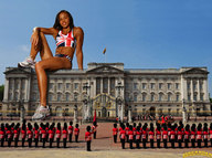 giantess collage mega low_angle smiling sitting legs london sneakers dark_skin athletic sky looking_at_viewer palace sitting_on_building lowerrider sports_outfit royal_guard flag_bra