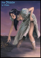 drawing giantess city mega cleavage ocean dress vivian crown sky necklace pointing wading evening city_lights looking_at_tiny wader yunzo
