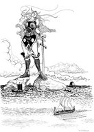 giantess mega monochrome armor sword ocean goddess boots ships rocks belt helmet viking theborrowergts norse winged_helmet drakkar