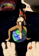 drawing pussy feet vore furry earth color planet handheld moon spaceship red_hair inside_mouth between_toes toe_crush cosmic_giantess sitting_on_earth sitting_on_planet