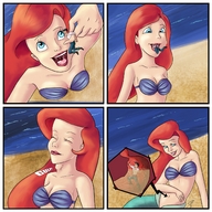 drawing giantess vore tongue blue_eyes beach mouth handheld cleavage saliva mermaid red_hair shrunken_men belly shrunken_man dangle disney ariel the_little_mermaid panels stomach_acid stomach_view looking_at_tiny prince_eric