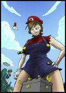 color multiple_giantesses brunette gloves danthas looking_down giantesses overalls sky super_mario_bros running_away hats gender_bender