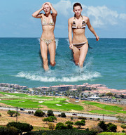giantess collage swimsuit beach multiple_giantesses ocean buildings wet wonderslug giantesses sky resort splashing wading annalynne_mccord angel_mccord