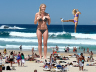 giantess collage blonde swimsuit beach multiple_giantesses barefoot cleavage ocean wonderslug sand people giantesses sky kicking beach_goers