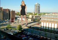 giantess collage city blonde clothed high_heels buildings wonderslug dress legs standing sky parking_lot bar_refaeli