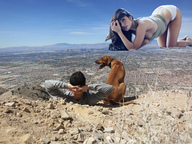 collage micro landscape city mega dog destruction brunette crawling men sky looking_at_viewer suburbs distant observers sarah_shahi giantesscity