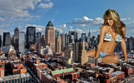 giantess collage city long_hair cleavage smiling unknown_artist sitting skyscraper clouds sky