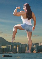 collage city mega long_hair barefoot brunette unknown_artist muscles legs shorts skyscraper mountains athletic sky flexing barge waterfront