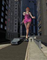 breasts giantess small_man city barefoot buildings red_hair legs running streets vehicles redfiredog