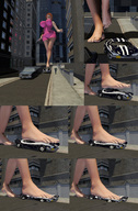 giantess small_man city barefoot buildings huge_breasts red_hair dress legs running streets vehicles under_foot pink_dress raised_foot vehicle_crush panels redfiredog