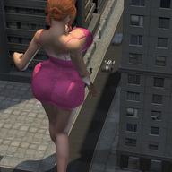 breasts giantess city buildings huge_breasts red_hair vehicles running_away redfiredog digital_render