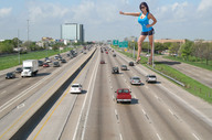giantess collage black_hair clothed cleavage high_heels traffic smiling wonderslug legs highway clothing denise_milani looking_at_viewer hitchhiking