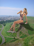breasts giantess collage city mega swimsuit high_heels wonderslug sitting legs outdoors sky road miranda_kerr hillside distant