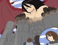 giantess nude dragoness wings black_hair color destruction claws red_eyes huge_breasts castle knight fangs looking_down aliessa