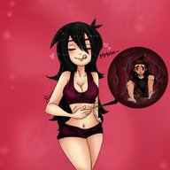 drawing vore blushing cleavage set licking_lips stomach_view ragnarahk rubbing_belly just_a_little_vore