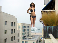 giantess collage swimsuit ocean buildings brunette wonderslug waves sunglasses adriana_lima navel_ring