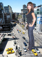giantess collage city clothed cleavage high_heels buildings brunette smiling wonderslug streets vehicles cracked_pavement