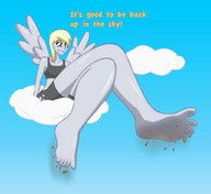 giantess wings barefoot sitting shorts clouds dirty_soles sky top legs_crossed jj-psychotic derpy_hooves humanized_pony