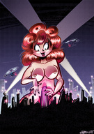 breasts drawing giantess nude city mega color playful buildings helicopter red_hair skyscraper night spot_lights spotlights albo