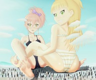 drawing giantess giga city color destruction barefoot underwear sitting airplane giantesses clouds dirty_soles looking_at_viewer iodain