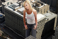 giantess collage city blonde destruction clothed buildings smiling wonderslug streets looking_at_viewer rooftop_view