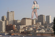 breasts giantess collage city mega swimsuit destruction cleavage buildings brunette wonderslug skyscraper sky looking_at_viewer