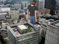 giantess collage city clothed brunette wonderslug short_hair skyscraper between_buildings rooftop rooftop_view holding_vehicle