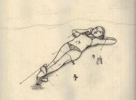 giantess monochrome swimsuit small_men barefoot bondage pencil_drawing sketching downward_angle wagon