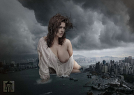 breasts collage city mega water buildings brunette skyscraper bay clouds sky