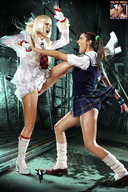 collage blonde skirt shoes brunette socks boots shrunken_men toy fighting running shrunken_man tekken lili ling_xiaoyu emilie_de_rochefort