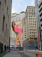 giantess collage city buildings wonderslug dress bus streets dark_skin looking_at_viewer vehicle_crush between_buildings street_view