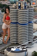 giantess collage city black_hair barefoot buildings looking_at_viewer squeezemeflat bmw_building