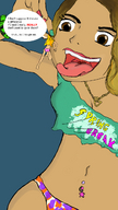 drawing color tongue brunette brown_eyes shrunken_woman necklace bikini_bottom imminent_vore