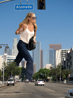 giantess collage city blonde long_hair clothed wonderslug walking skyscraper sunglasses streets vehicles lauren_conrad holding_vehicle