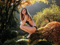giantess collage jessica long_hair swimsuit sitting outdoors garcia_accasbel looking_at_viewer accasbel japanese_garden