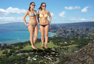 collage city mega swimsuit barefoot cleavage ocean brunette unknown_artist skyscraper grass sunglasses giantesses houses sky flip_flops navel_ring