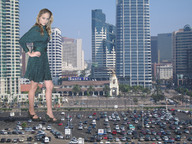 giantess collage city blonde high_heels wonderslug dress skyscraper foot_print vehicles parking_lot looking_at_viewer vehicle_crush cracked_pavement leelee_sobieski