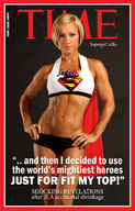 collage blonde story short_hair supergirl muscles shorts shrunken_man superman cape top hands_on_hips justice_league action_figures green_lantern flash dc_comics enormous_picture time confusing_text magazine_cover bare_midriff between_breasts