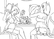 drawing vore monochrome handheld mermaid shrunken_woman cat_girl inked dip restaurant stuffed_belly kiyoa stomach_bulge