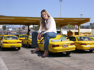 collage long_hair high_heels smiling wonderslug mini_giantess sitting vehicles looking_at_viewer taxi leelee_sobieski