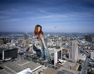 giantess collage city destruction clothed buildings helicopter brunette wonderslug sky flip_flops rooftop_view looking_at_tiny