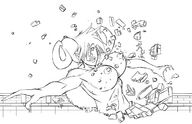 breasts drawing giantess horns monochrome destruction small_men castle demoness soldiers looking_at_tiny spokle