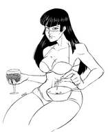 drawing vore monochrome swimsuit handheld cleavage finger shrunken_men drink shrunken_people bowl skewered spokle