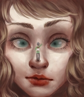 giantess color shrunken_man looking_at_tiny miss-heart on_nose