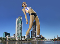 collage city mega buildings skyscraper sky docop athletic_giantess waterfront yelling sports_outfit blanca_vlasic navel_ring