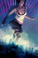 breasts drawing giantess city mega color cleavage bra skirt socks skyscraper painting sky thigh_highs gorillaartfare enormity