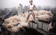 giantess collage panties city destruction short_hair unknown_artist skyscraper dust miley_cyrus sledge_hammer