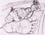 drawing monochrome barefoot glasses lying_down shrunken_woman yellowfeather nail_polish on_foot sofa bayonetta looking_at_tiny jeanne