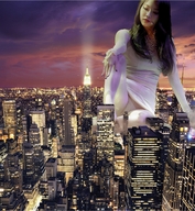 giantess collage giga city korean asian sitting skyscraper night necklace high_res white_clothing yura beebip ear_piece