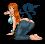 drawing butt nami one_piece barefoot shrunken_men kneeling hand shrunken_man trapped tattoo orange_hair